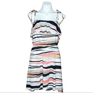 Takara Horizontal Striped Flounce High Low Cami Adjustable Straps Mini Dress